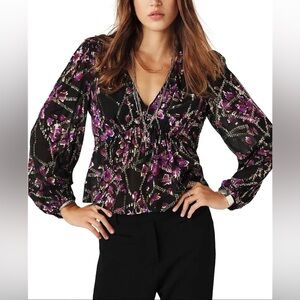 ba&sh Black and Purple Floral Metallic-Accent V-Neck top